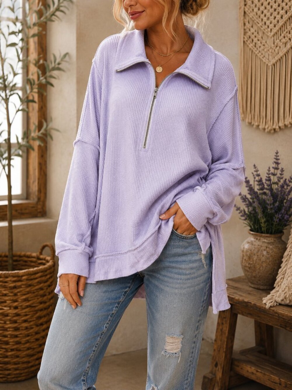 We The Free Lavender Waffle Knit Half Zip Pullover | Raw Edge Oversized Boho Top